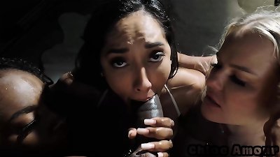 After party foursome with Vic Marie, Amari Anne, and Chloe Amour poke Troy's big-black-cock