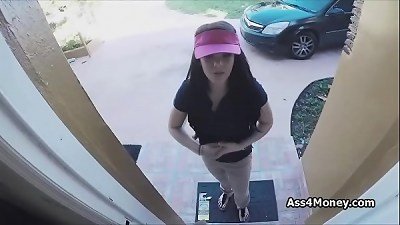 Pizza delivery doll pounds for cash on video