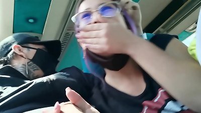 ass-cheeks and pulverizing with internal cumshot in public service bus